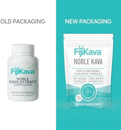 Side view of FijiKava stress relief capsules bottle highlighting ingredient facts.