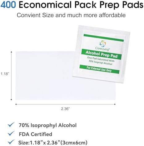 CareLiving sterile alcohol wipes 400 pack for glucose testing and wound care.
