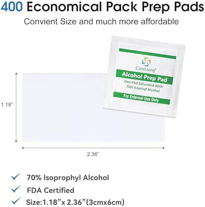 CareLiving sterile alcohol wipes 400 pack for glucose testing and wound care.