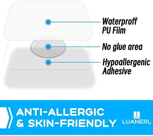 Clear round adhesive continuous glucose monitor patch measuring six point five centimeters in diameter.