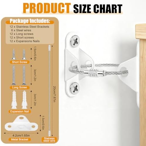 Heavy duty steel brackets and high tensile metal cable components of anti tip safety kit