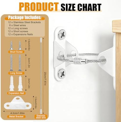 Heavy duty steel brackets and high tensile metal cable components of anti tip safety kit
