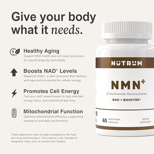 Nutrum NMN plus vegetarian capsules anti aging supplement bottle layout with pure ingredients list.