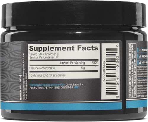 Onnit Creatine Monohydrate Powder nutritional supplement facts label