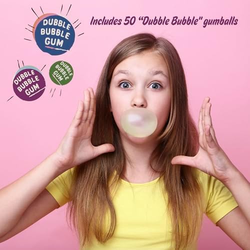Authentic fruit flavored dubble bubble gumballs visible inside the clear plastic globe of the machine