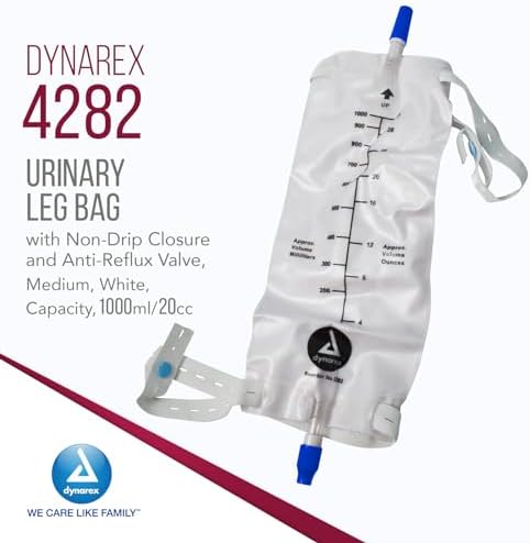 Close up of Dynarex catheter leg bag anti reflux valve and non drip twist closure details