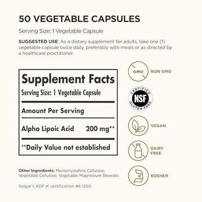 Solgar Alpha Lipoic Acid 200mg supplement facts label