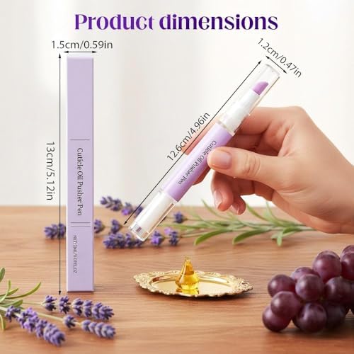 Twist mechanism of the portable nail oil pen dispensing lavender scented conditioning oil onto the brush.