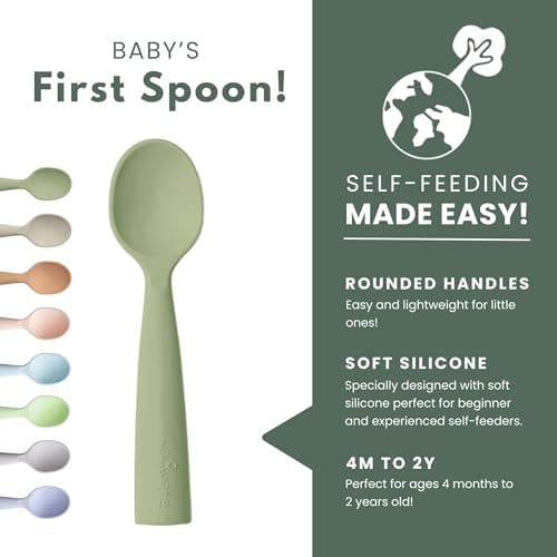 Two count set of premium food grade silicone infant utensils with a convenient travel storage pouch.