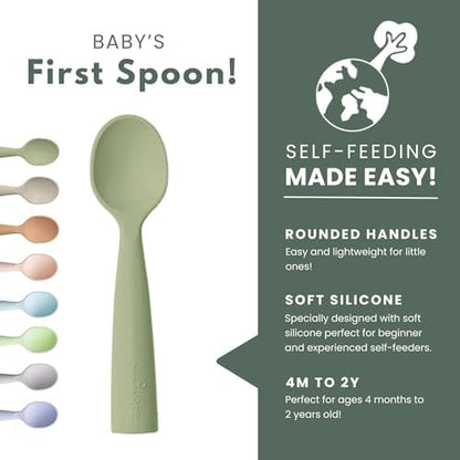 Two count set of premium food grade silicone infant utensils with a convenient travel storage pouch.