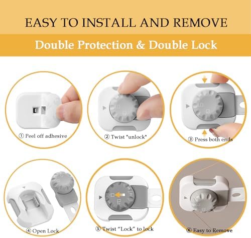 Fursafe&Q child safety adhesive latch mounted securely on a double door refrigerator showing no drill installation.