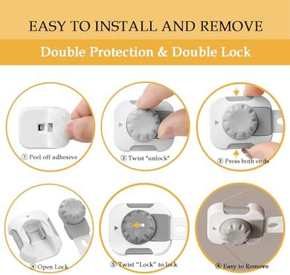 Fursafe&Q child safety adhesive latch mounted securely on a double door refrigerator showing no drill installation.
