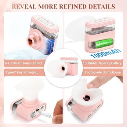 Compact pink eye steamer being used for warm moist heat therapy.