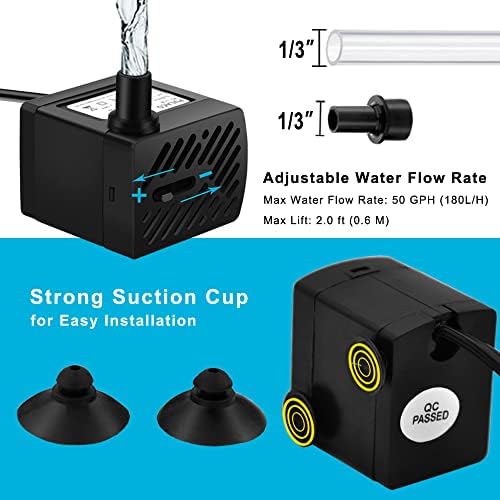 Pulaco aquarium water pump placed next to included accessories for scale.
