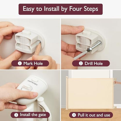 Momcozy retractable dog and toddler gate completely rolled up to save hallway space