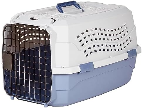 Amazon Basics portable pet travel kennel top loading door swinging open to the left side