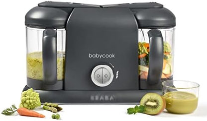 Béaba Babycook Duo dual containers showing simultaneous steam cooking functionality