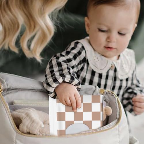 Three portable baby wipe dispensers in checkerboard pattern