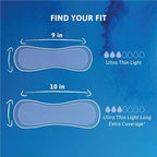 Back label view of TENA sensitive care regular length ultra thin pads clarifying skin friendly features and specifications.