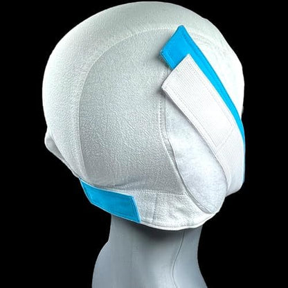Side view of white medium dual band chin strap showing mesh cap construction.