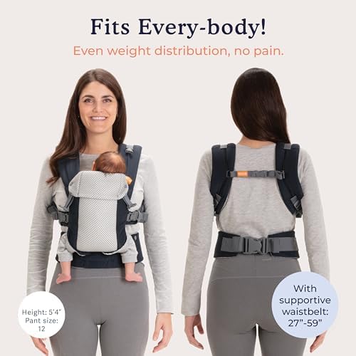 Beco baby carrier in cool navy being worn in front outward facing carry