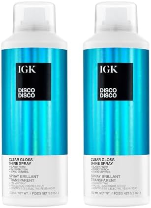 IGK Disco Disco Clear Gloss Shine Spray twin pack bottles lifestyle display