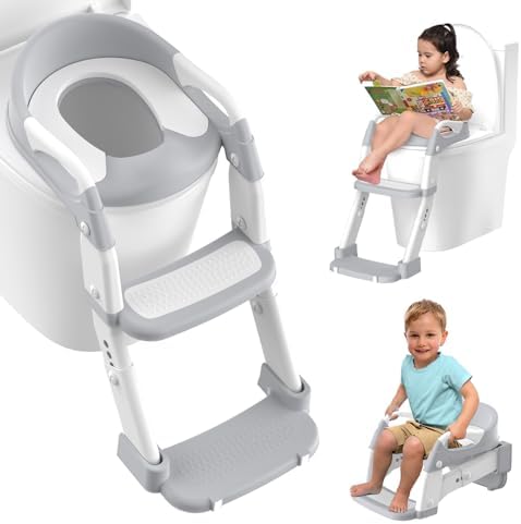 Grey toddler toilet chair with step stool ladder and handles