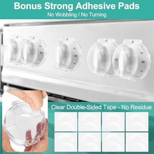 GRENFU Stove Knob Safety Covers (5 + 1 Pack) - Double-Key, Universal Size Gas Stove Knob Locks with Strong Double-Sided Tape, Heat-Resistant Oven Knob Covers for Child Safety/Pet Safety, Clear View - Image 6