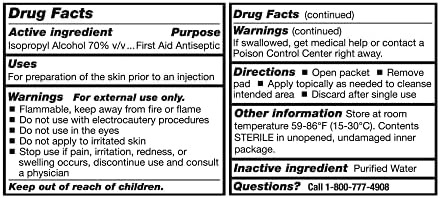 Individually wrapped 70 percent isopropyl alcohol wipes for sterile first aid.