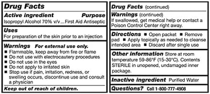 Individually wrapped 70 percent isopropyl alcohol wipes for sterile first aid.