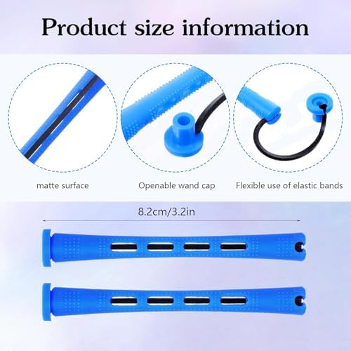 Close up of 0.35 inch diameter blue plastic curling rollers with attached rubber bands