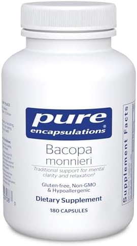 Pure Encapsulations Bacopa Monnieri nutritional facts panel showing standardized 20 percent bacosides ingredient details.