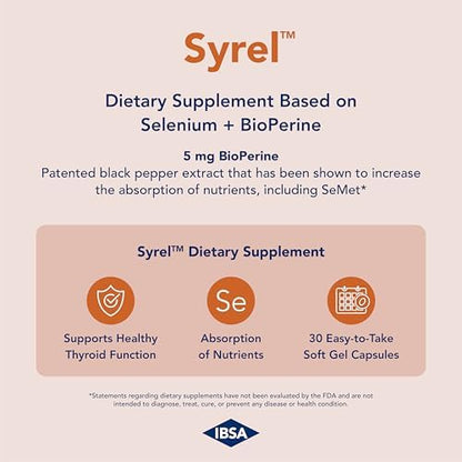 Side view of IBSA Syrel packaging displaying allergen-free and dietary facts.