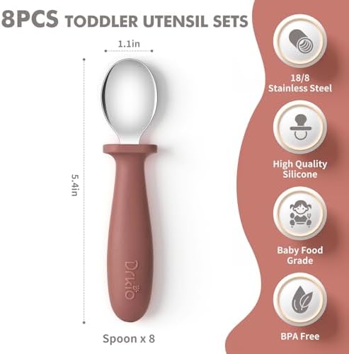 Close up of the DRKIO baby silverware showcasing the ergonomic non slip silicone handle grip