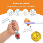 NumNum baby led weaning silicone utensils displayed side by side to show thick contoured handles.
