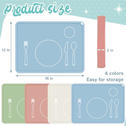 Four piece silicone toddler eating mats in green light red gray blue and white colors