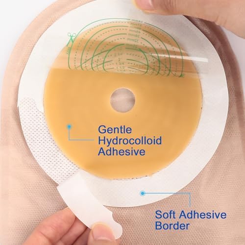 LotFancy ileostomy pouches highlighting the custom cutting guide scale from 25mm to 64mm.