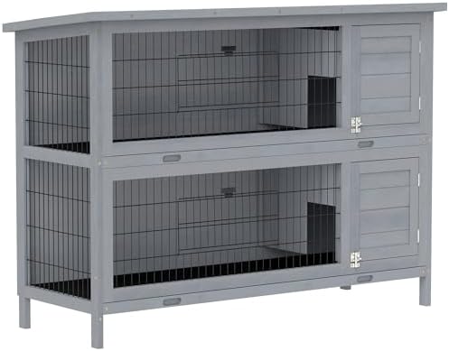 PawHut 54" 2-Story Large Rabbit Hutch Bunny Cage Wooden Pet House Small Animal Habitat with Lockable Doors, No Leak Tray and Waterproof Roof for Outdoor/Indoor Grey - Image 2