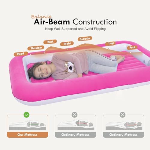 RAPTAVIS portable inflatable children sleepover bed with soft flocked pink top surface