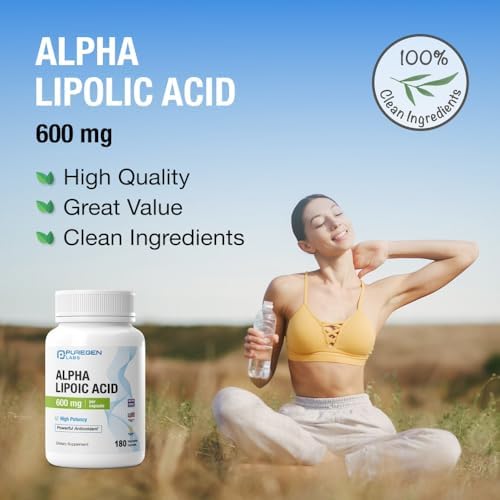Puregen Labs Alpha Lipoic Acid 600mg capsules displayed next to the bottle highlighting the premium vegetarian capsule formulation