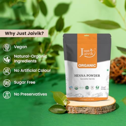 Back label of organic henna powder showing mixing instructions and product purity details