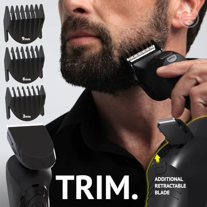 MANECODE multi functional electric razor close up emphasizing the flexible eight dimensional independent shaving heads