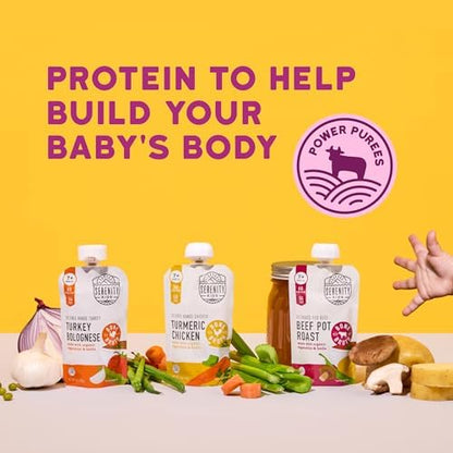 Serenity Kids baby food pouch showing nutritional information and clean label