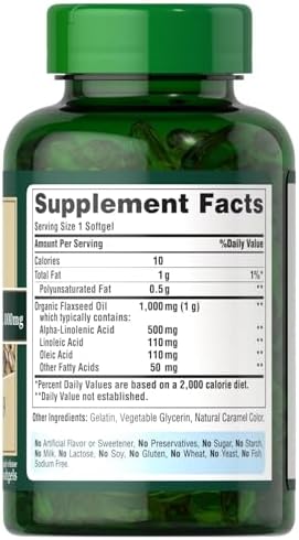 Puritan's Pride cold pressed flaxseed oil supplement showing omega 3 6 9 benefits label