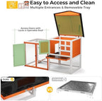 48" L Rabbit Hutch Outdoor Indoor, Expandable 2-Story Large Wooden Bunny Cage with Run, Removale Tray, Top-Opening Waterproof Roof, 2 Doors, DIY Drawing Board, Orange + Colorful Pattern - Image 6