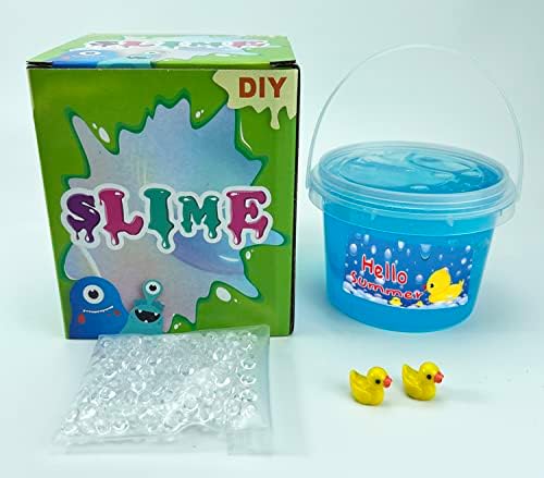 Stretched blue crunchy slime highlighting clear plastic fishbowl beads texture