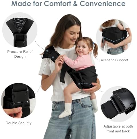 Ergonomic hip seat base of NBDIB carrier demonstrating child seating placement