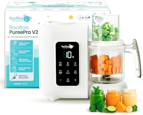 BooBoo Baby multi-functional baby food processor with steaming basket and blending jug components