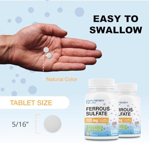 Puregen Labs Ferrous Sulfate two hundred tablets bottle for iron deficiency