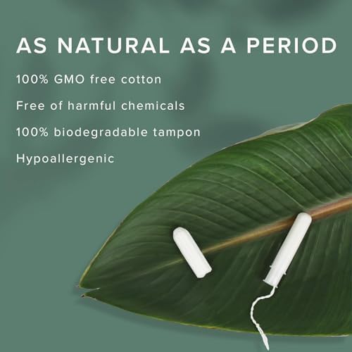 Veeda biodegradable cotton tampons with BPA-free plastic applicator detail.